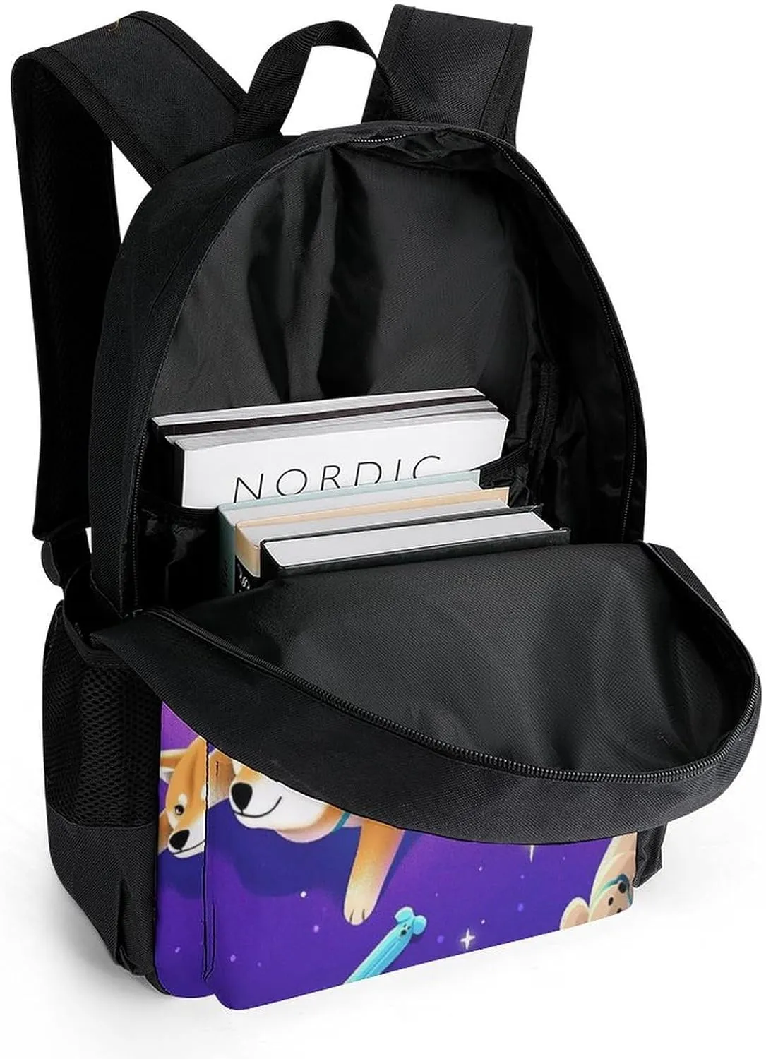 Daypack Bookbag Multipurpose Anti-Theft Big Capacity Carry On Bag - Purple Space Corgi Dog Art Travel Hiking & Camping Rucksack With Padded Straps