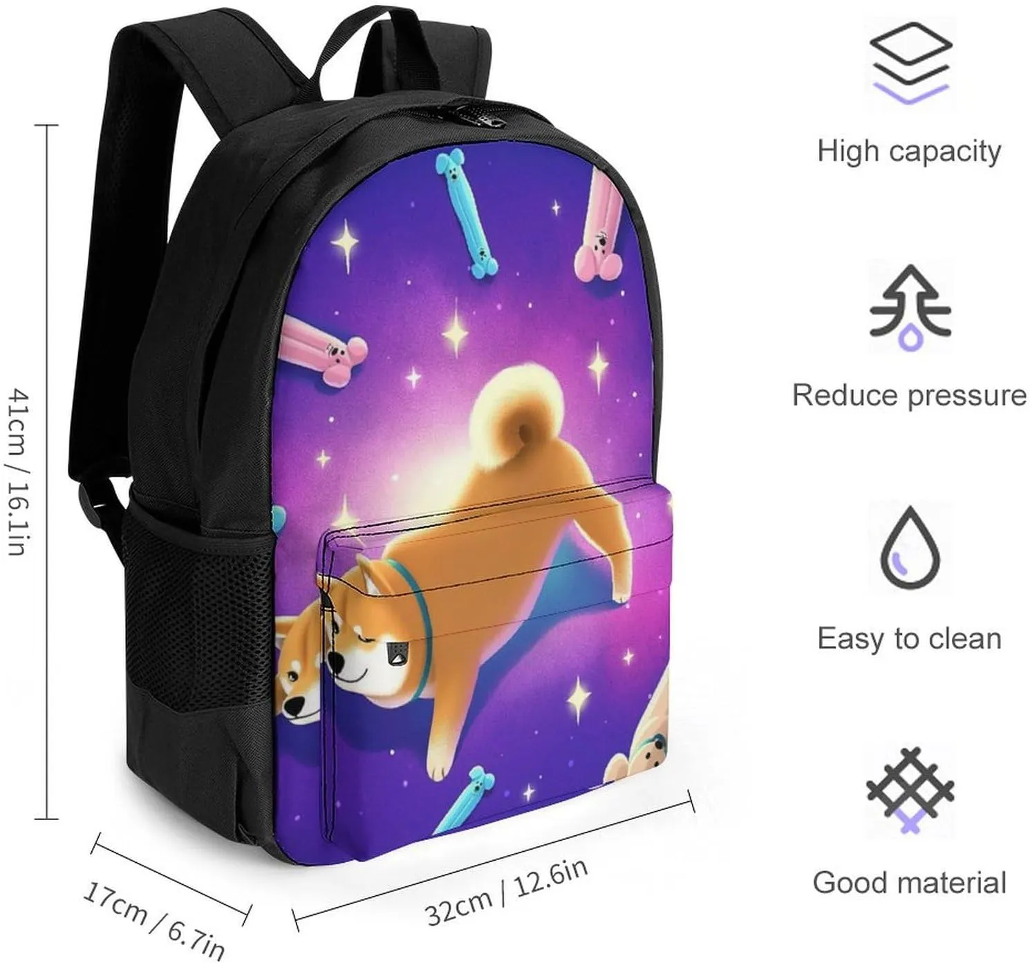 Daypack Bookbag Multipurpose Anti-Theft Big Capacity Carry On Bag - Purple Space Corgi Dog Art Travel Hiking & Camping Rucksack With Padded Straps