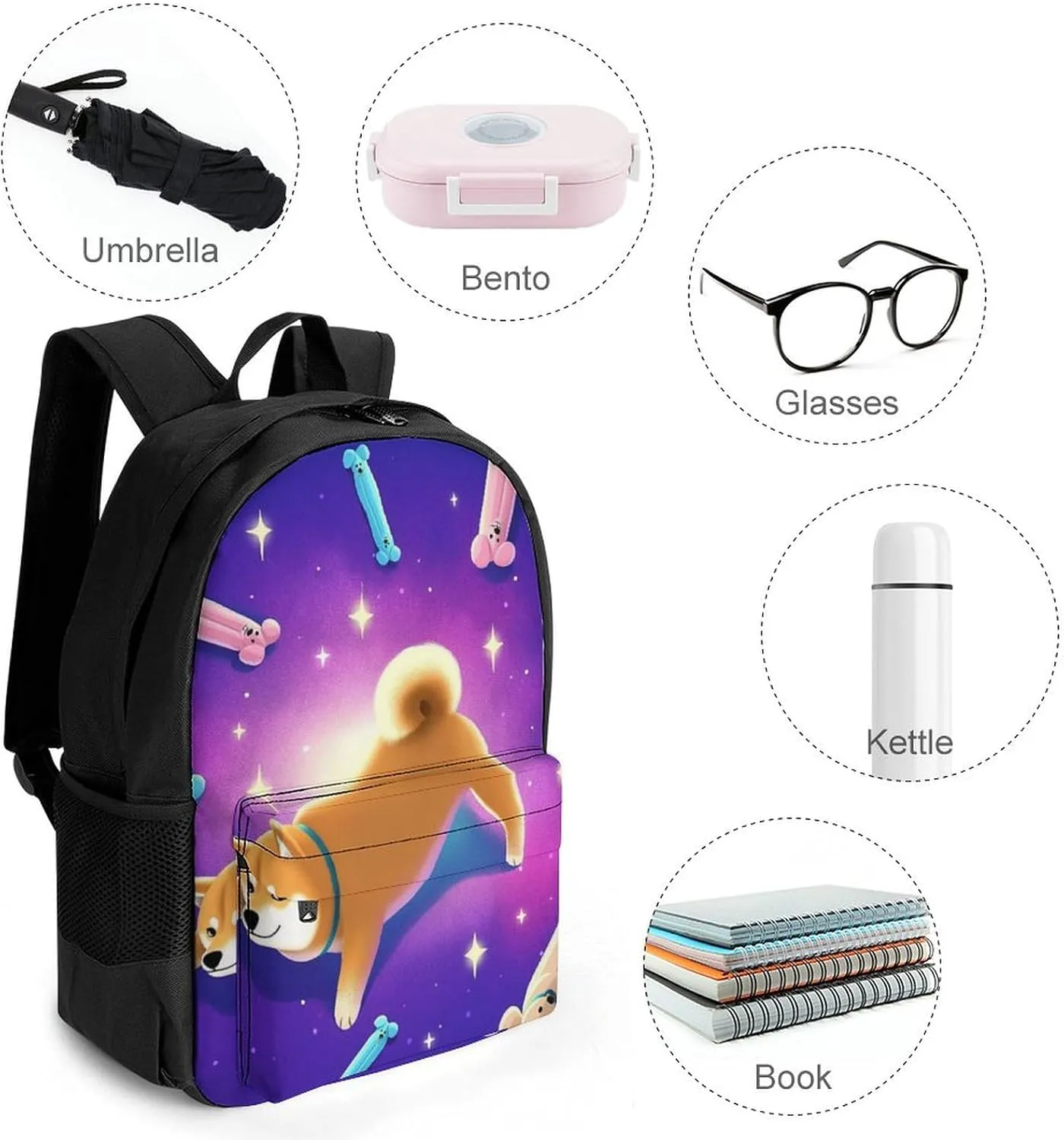 Daypack Bookbag Multipurpose Anti-Theft Big Capacity Carry On Bag - Purple Space Corgi Dog Art Travel Hiking & Camping Rucksack With Padded Straps