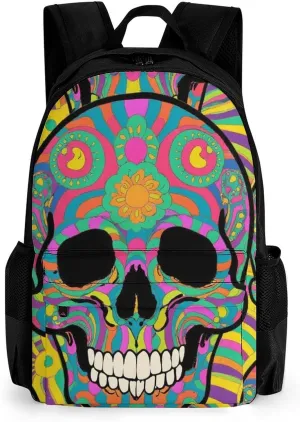 Daypack Bookbag Multipurpose Anti-Theft Big Capacity Carry On Bag - Trippy Skull Art Travel Hiking & Camping Rucksack With Padded Straps