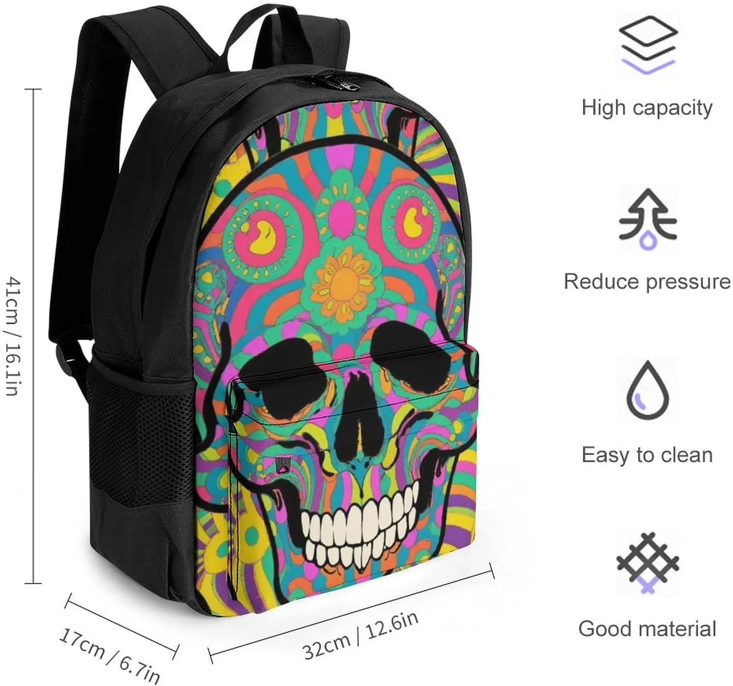 Daypack Bookbag Multipurpose Anti-Theft Big Capacity Carry On Bag - Trippy Skull Art Travel Hiking & Camping Rucksack With Padded Straps
