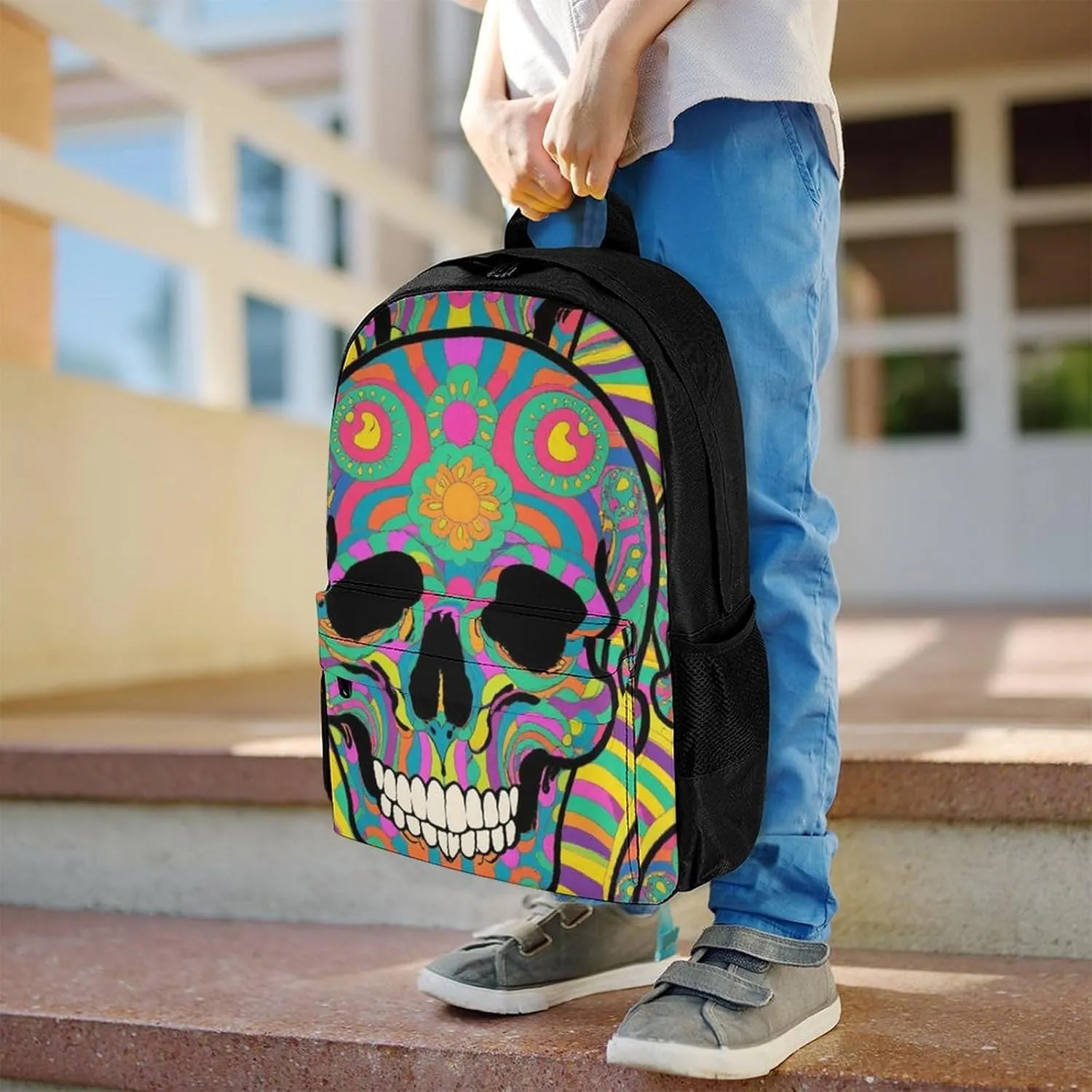 Daypack Bookbag Multipurpose Anti-Theft Big Capacity Carry On Bag - Trippy Skull Art Travel Hiking & Camping Rucksack With Padded Straps