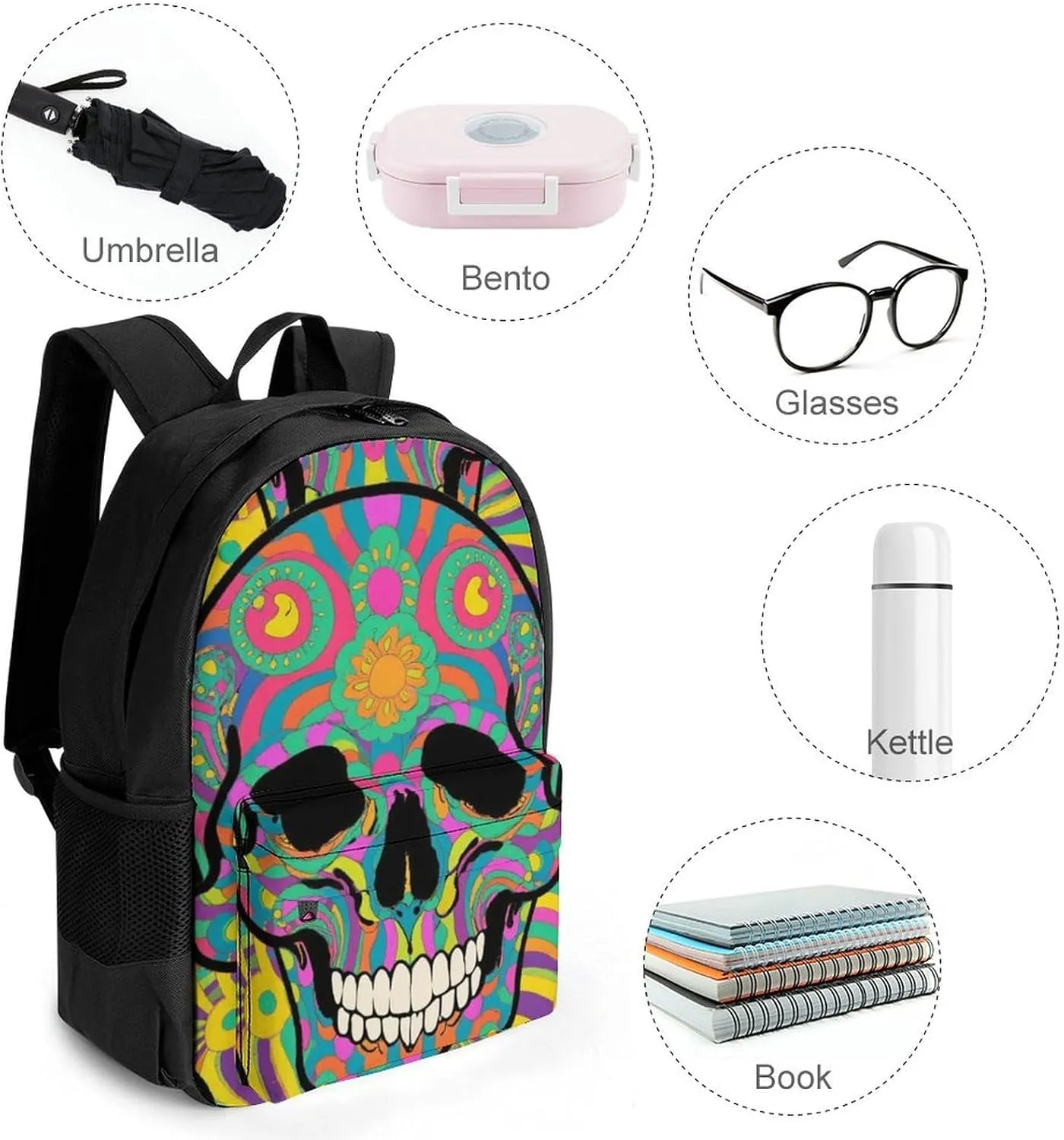 Daypack Bookbag Multipurpose Anti-Theft Big Capacity Carry On Bag - Trippy Skull Art Travel Hiking & Camping Rucksack With Padded Straps