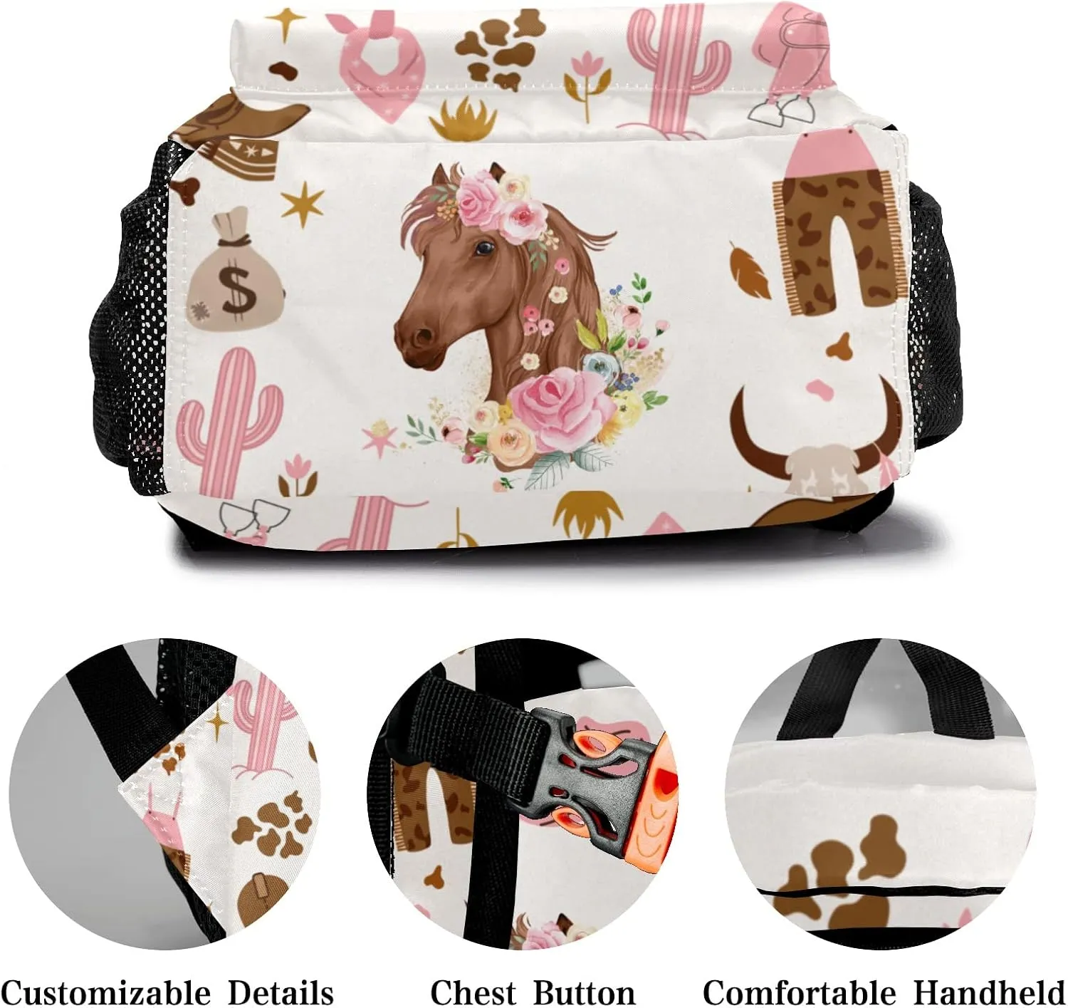 Deven Cowgirl Wild Floral Horse Personalized Kids Backpack for Boy/Girl Teen Primary School Daypack Travel Bag Bookbag