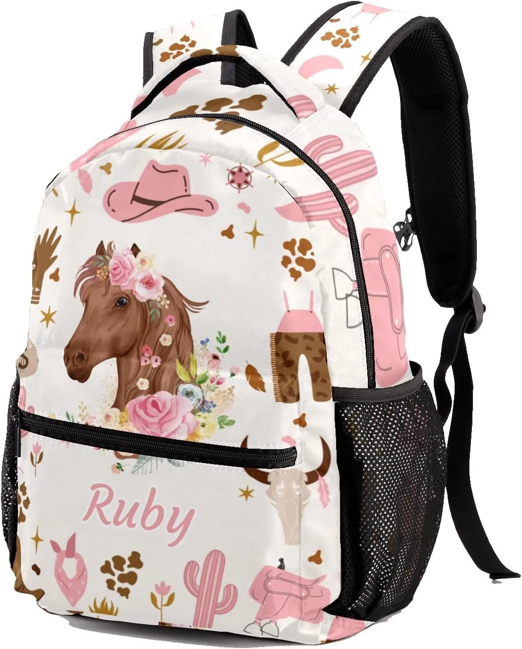 Deven Cowgirl Wild Floral Horse Personalized Kids Backpack for Boy/Girl Teen Primary School Daypack Travel Bag Bookbag