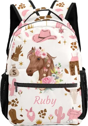Deven Cowgirl Wild Floral Horse Personalized Kids Backpack for Boy/Girl Teen Primary School Daypack Travel Bag Bookbag