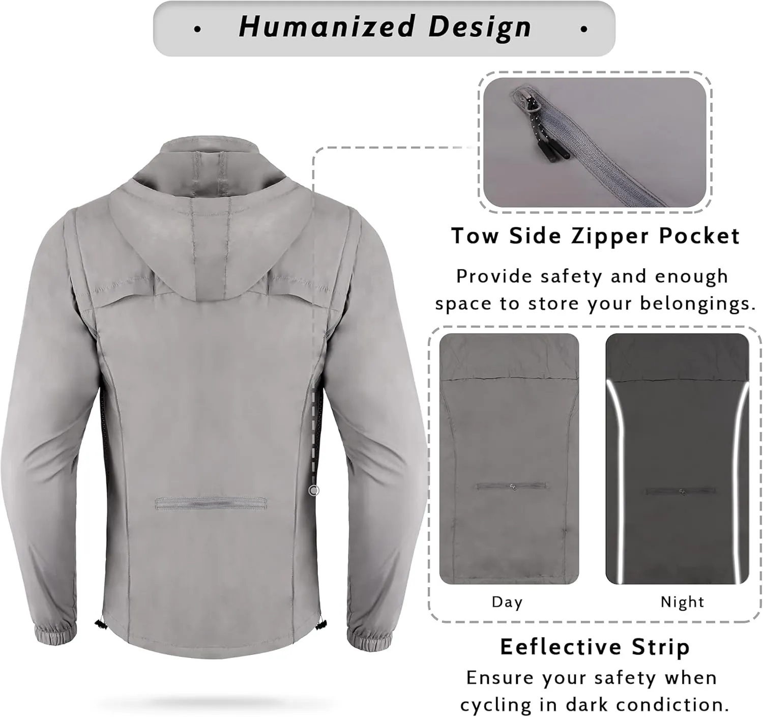 Dooy Men's Cycling Jacket ​with Detachable Sleeves Windbreaker Jackets Windproof Running Vest Lightweight and High Visibility