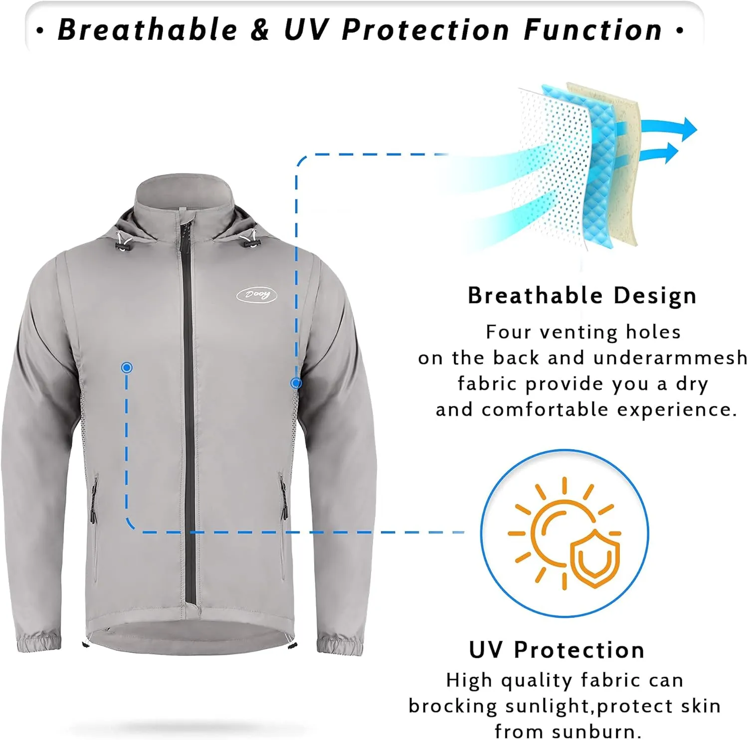 Dooy Men's Cycling Jacket ​with Detachable Sleeves Windbreaker Jackets Windproof Running Vest Lightweight and High Visibility