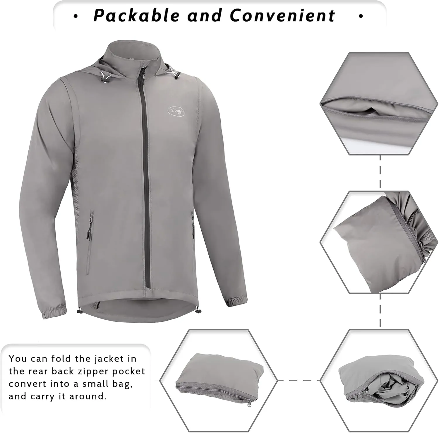 Dooy Men's Cycling Jacket ​with Detachable Sleeves Windbreaker Jackets Windproof Running Vest Lightweight and High Visibility