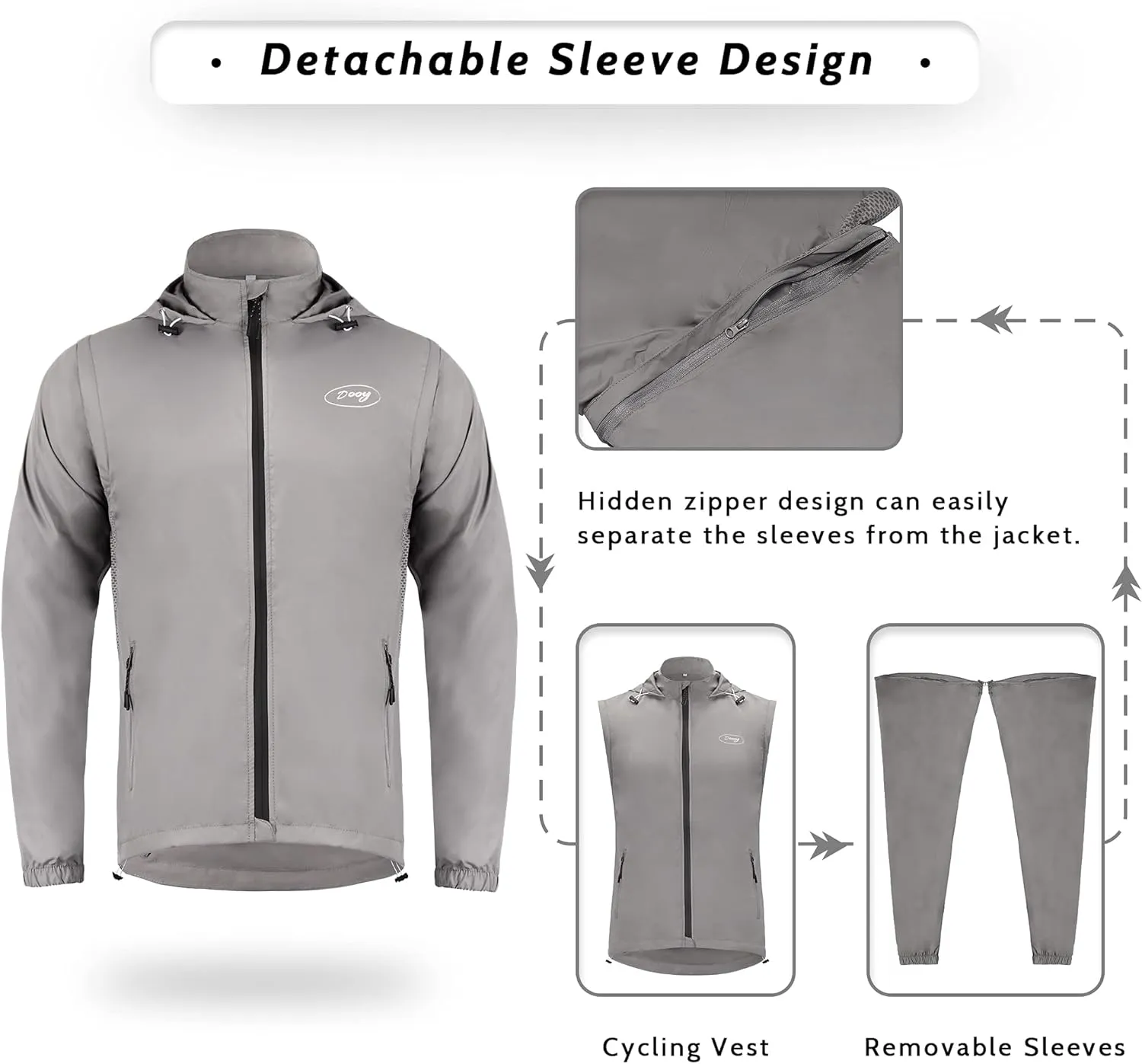 Dooy Men's Cycling Jacket ​with Detachable Sleeves Windbreaker Jackets Windproof Running Vest Lightweight and High Visibility