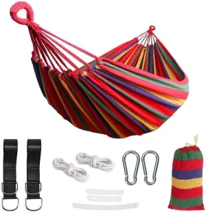 Double Brazilian Hammock 2 Person Canvas Cotton Fabric Hammock with Trees Strap for Patio Garden Balcony Porch Backyard Outdoor and Indoor Rainbow