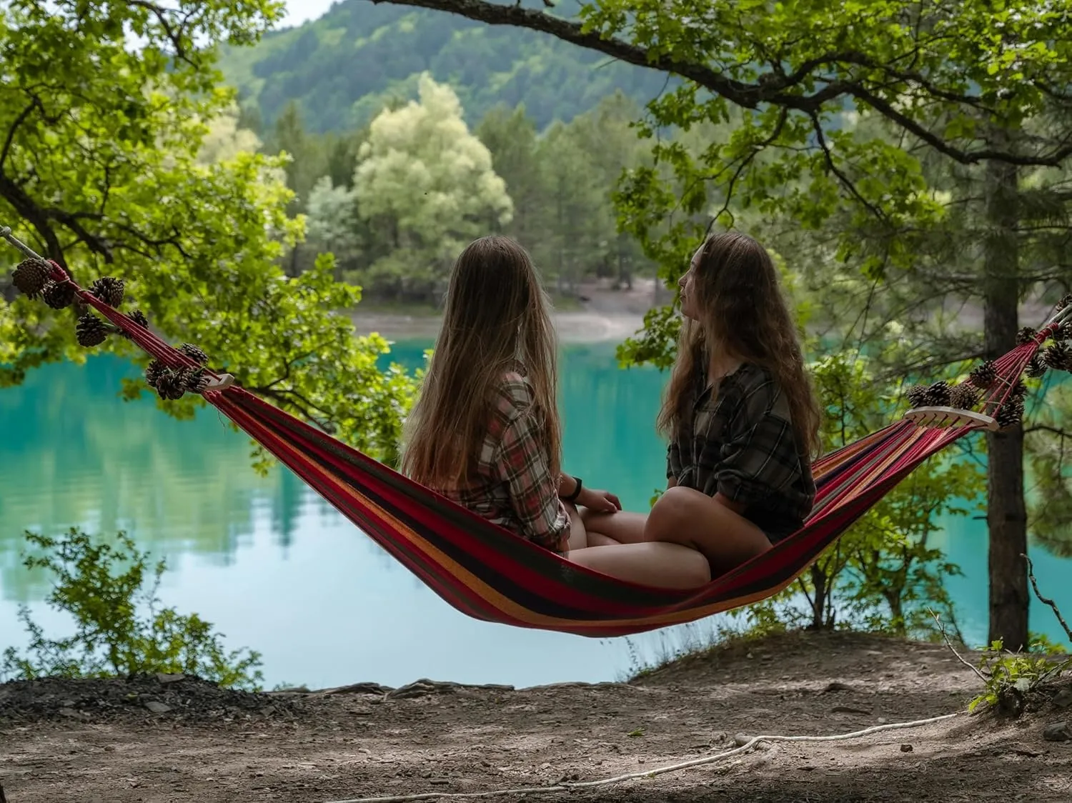 Double Brazilian Hammock 2 Person Canvas Cotton Fabric Hammock with Trees Strap for Patio Garden Balcony Porch Backyard Outdoor and Indoor Rainbow