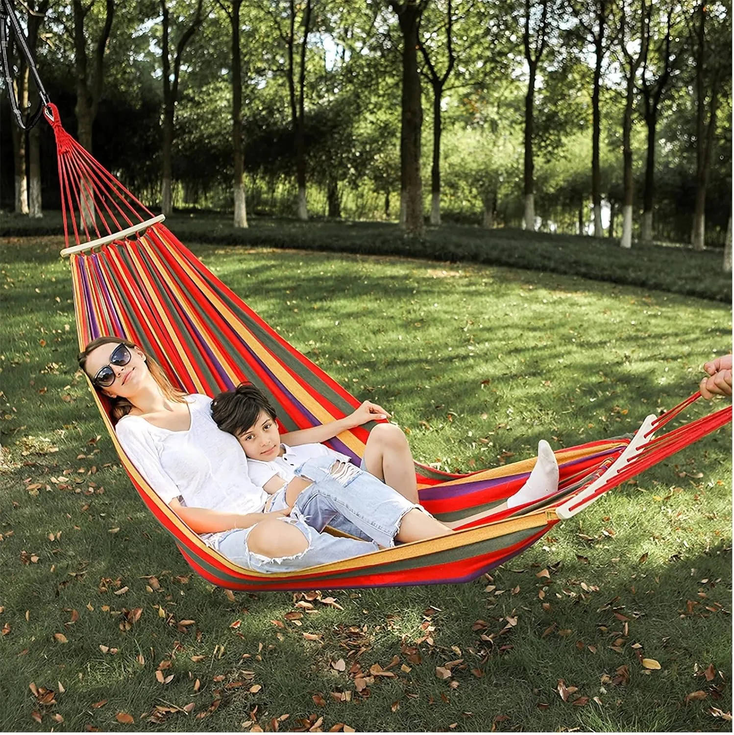 Double Brazilian Hammock 2 Person Canvas Cotton Fabric Hammock with Trees Strap for Patio Garden Balcony Porch Backyard Outdoor and Indoor Rainbow
