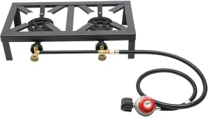 Double Burner Outdoor Gas Stove Propane Cooker Portable Gas Cooking Stoves Black Square Gas Stove 2 Burners Gas Cooktops with Regulator Hose Independent Control Knobs for Outdoor Camping