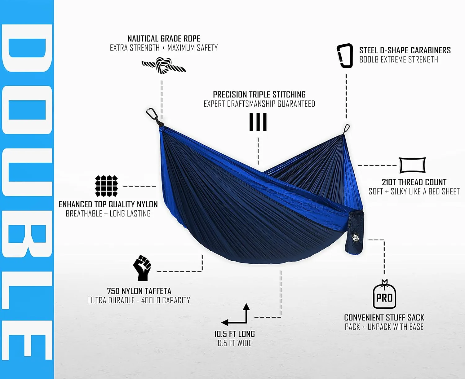 Double Camping Hammock - 10.5 x 6.5 FT (9ft Tree Straps, 2 Carabiners) - 2 Person, Portable, Lightweight Parachute Nylon 210T Hammocks - for Backpacking, Travel, Hiking, Patio (Double)…