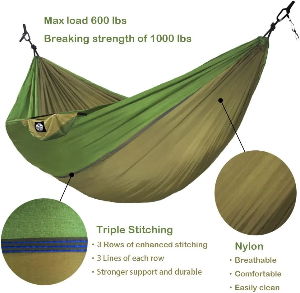 Double Camping Hammock Portable Lightweight Parachute Nylon Hammock for Backpacking, Camping, Travel, Beach, Yard with Edge Free Alum Alloy Carabiners
