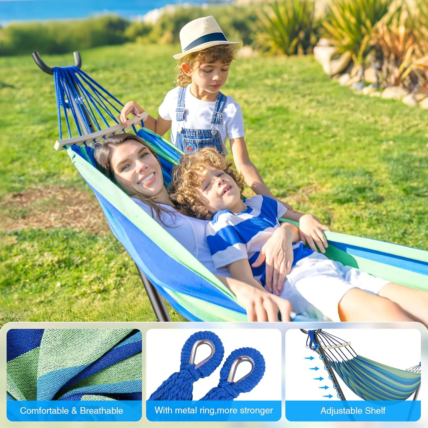 Double Hammock with Stand, 2 Person Hammock with Carrying Bag,Heavy Duty Portable,500 lb Capacity, Perfect for Both Indoors and Outdoors,Wide Blue