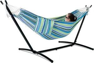 Double Hammock with Stand for Outside, Upgraded Spreader Bar, Heavy Duty Space Saving Steel Stand 2 Person, Convenient Pocket, Easy Assembly, 600lbs Weight Capacity, Indoor & Outdoor (Garden)