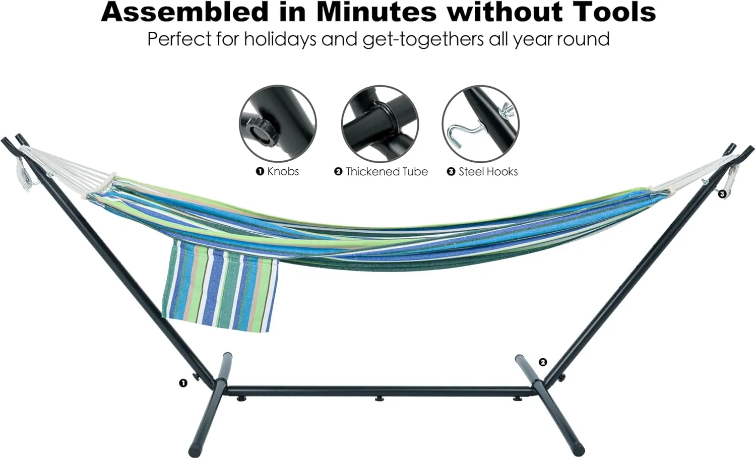 Double Hammock with Stand for Outside, Upgraded Spreader Bar, Heavy Duty Space Saving Steel Stand 2 Person, Convenient Pocket, Easy Assembly, 600lbs Weight Capacity, Indoor & Outdoor (Garden)
