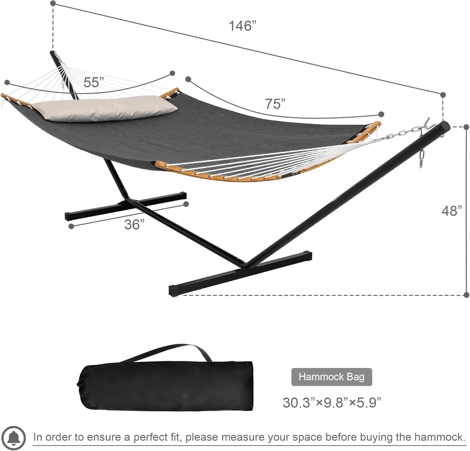 Double Hammock with Stand, Quick Dry Hammock with 12FT Stand for Outside, Poolside, 450 Lbs Capacity, Dark Grey