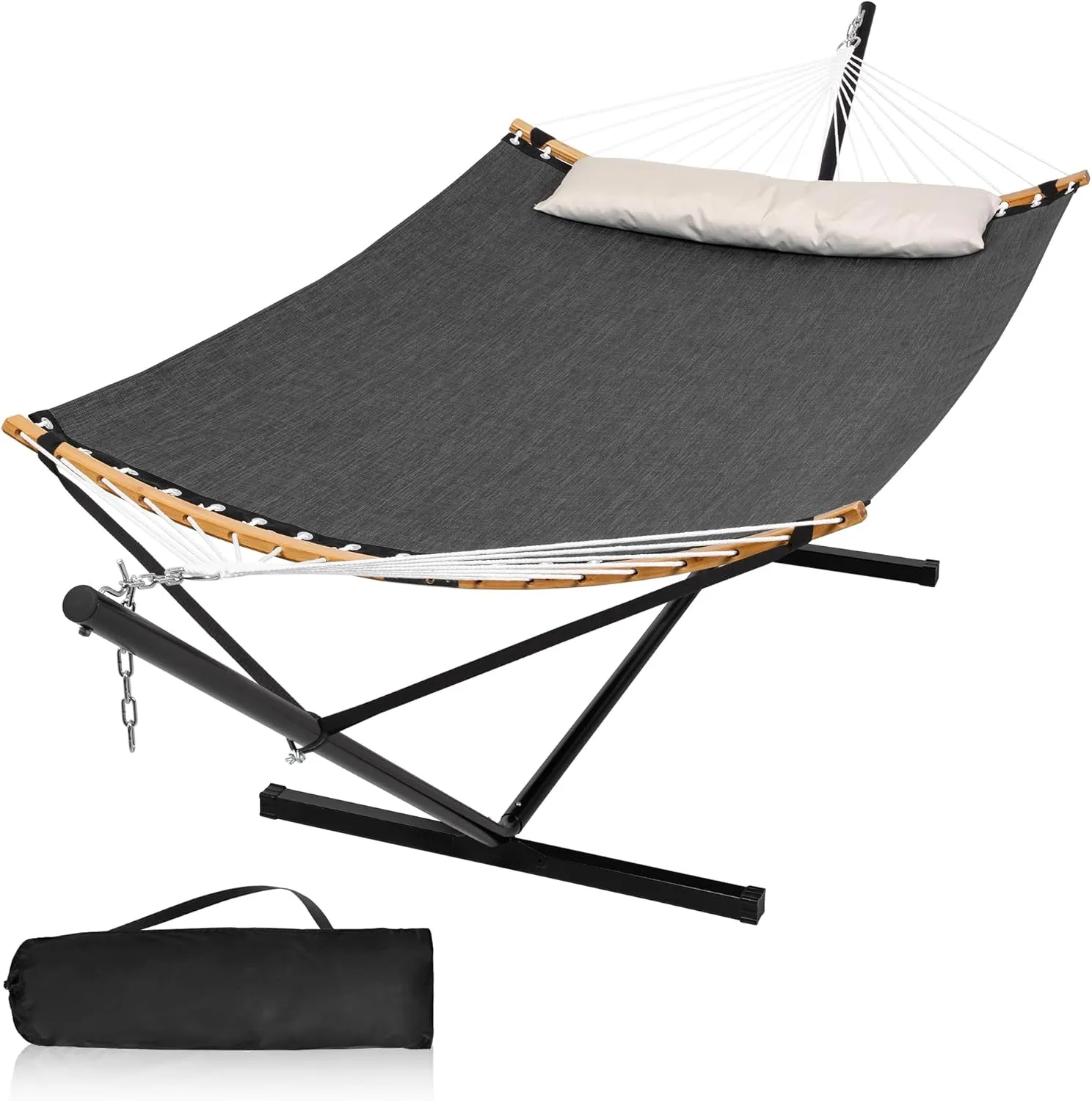 Double Hammock with Stand, Quick Dry Hammock with 12FT Stand for Outside, Poolside, 450 Lbs Capacity, Dark Grey