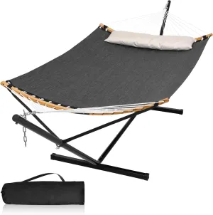 Double Hammock with Stand, Quick Dry Hammock with 12FT Stand for Outside, Poolside, 450 Lbs Capacity, Dark Grey
