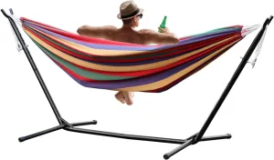 Double Hammock with Stand,Basics Double Hammock with Space Saving Metal Stand, Indoor Hammock Stand with Carrying Bag, Strong Load-Bearing,Suit for Outside Indoor Yard Camping Red