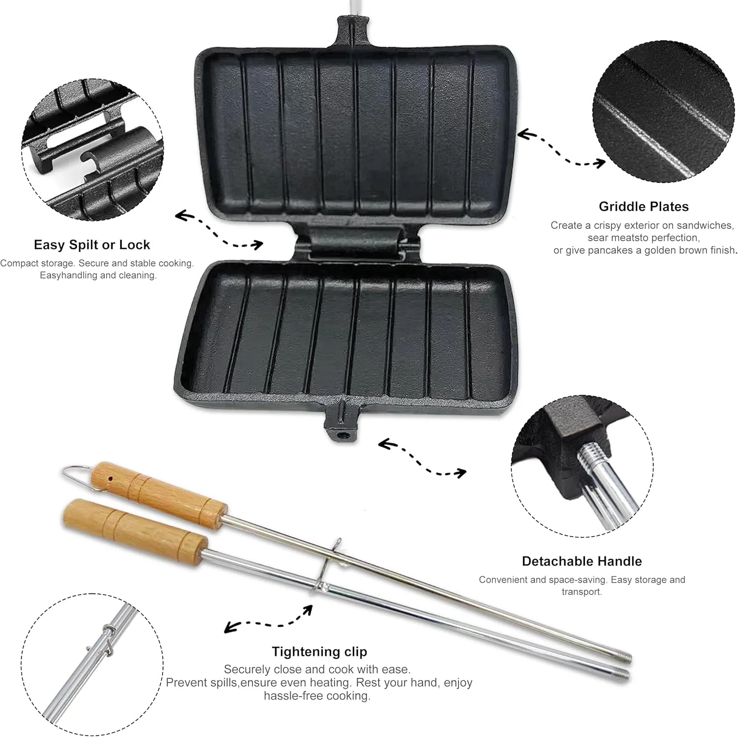 Double Pie Irons Cast Iron Sandwich Maker Pack of 2 for Camping with Storage Bag and Recipes, Camp Cooker Campfire Cooking Equipment for Pies, Sandwiches, Steak, Hot dogs