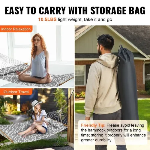 Double Quilted Fabric Hammock 480lbs Capacity Without Stand Gray White Pattern