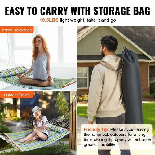 Double Quilted Fabric Hammock 480lbs Capacity Without Stand Green Stripe