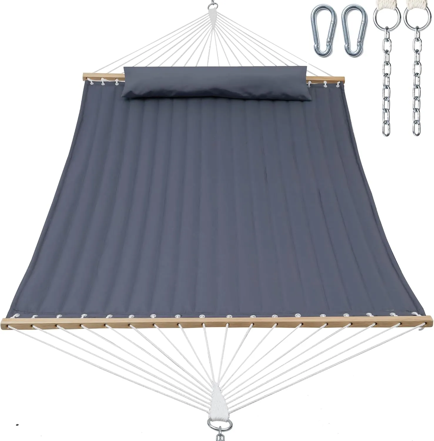 Double Quilted Fabric Hammock with Spreader Bar, 14ft Hammocks 2 Person for Outside, Fits 12ft -14ft Hammock Stand, Large Pillow & Side Pockets & Carabiners, Max 475 lbs Capacity (Gray)