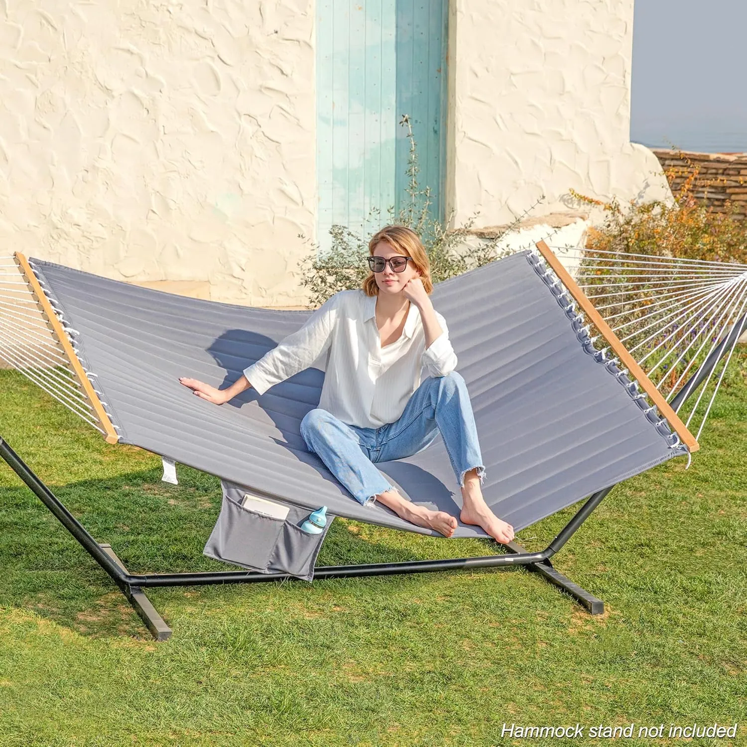 Double Quilted Fabric Hammock with Spreader Bar, 14ft Hammocks 2 Person for Outside, Fits 12ft -14ft Hammock Stand, Large Pillow & Side Pockets & Carabiners, Max 475 lbs Capacity (Gray)