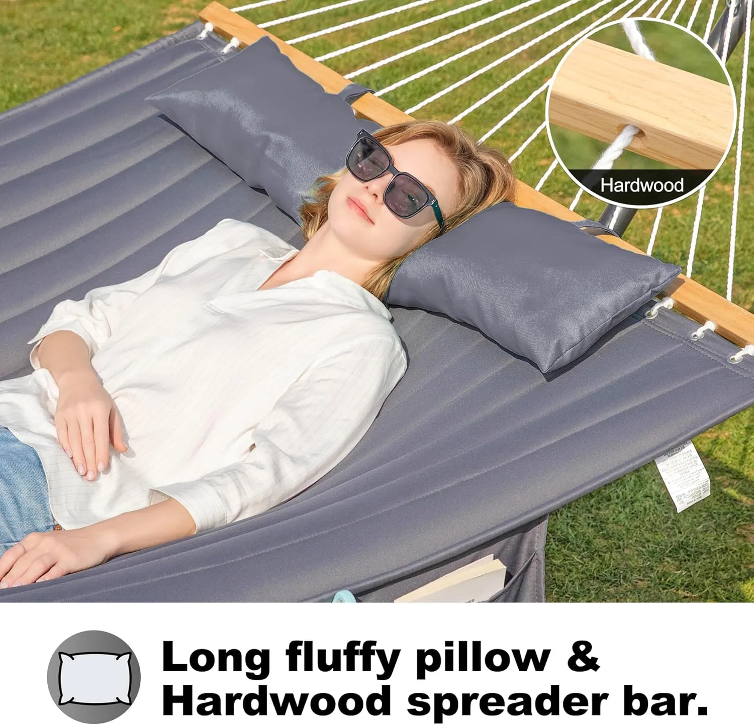 Double Quilted Fabric Hammock with Spreader Bar, 14ft Hammocks 2 Person for Outside, Fits 12ft -14ft Hammock Stand, Large Pillow & Side Pockets & Carabiners, Max 475 lbs Capacity (Gray)