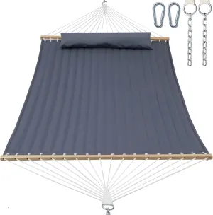 Double Quilted Fabric Hammock with Spreader Bar, 14ft Hammocks 2 Person for Outside, Fits 12ft -14ft Hammock Stand, Large Pillow & Side Pockets & Carabiners, Max 475 lbs Capacity (Gray)