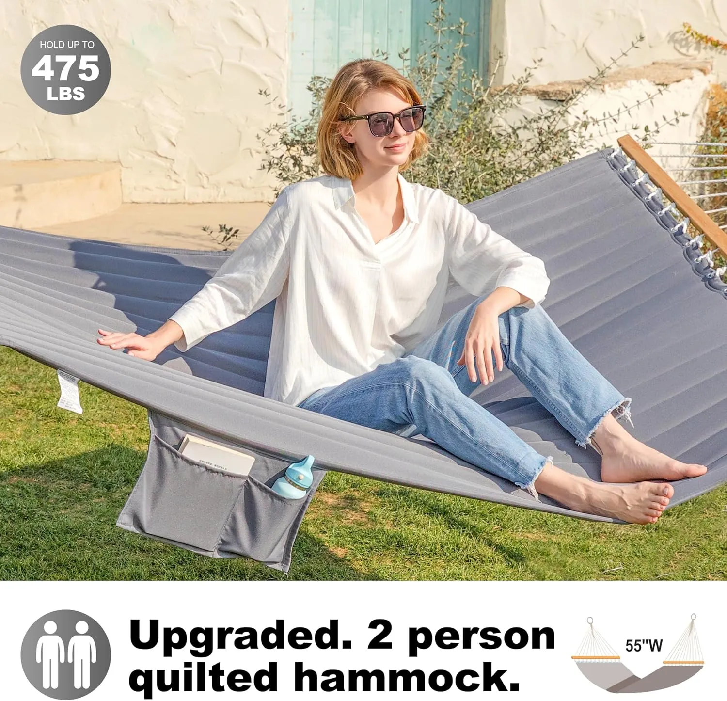 Double Quilted Fabric Hammock with Spreader Bar, 14ft Hammocks 2 Person for Outside, Fits 12ft -14ft Hammock Stand, Large Pillow & Side Pockets & Carabiners, Max 475 lbs Capacity (Gray)