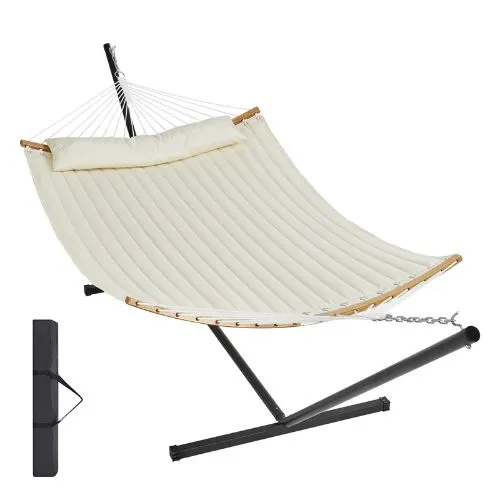 Double Quilted Fabric Hammock with Stand 480llbs Capacity Creamy White