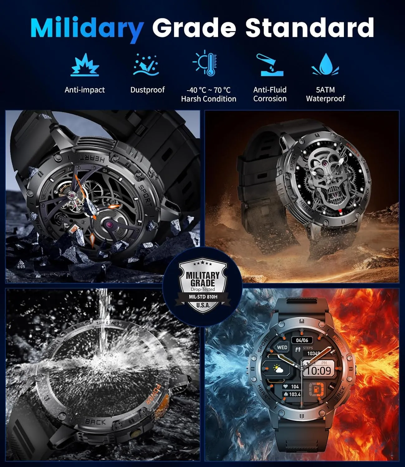 DREMAC Military Smart Watches for Men for Android/iPhone-1.43''AMOLED Display Smartwatch with 123 Sport Modes/Flashlight,5ATM Waterproof Fitness Tracker with Heart Rate/Sleep Monitor,Silicone