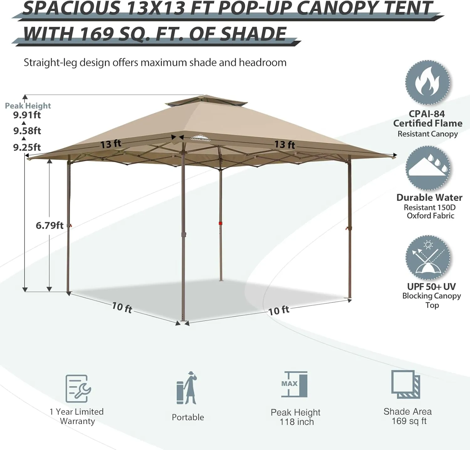 EAGLE PEAK 13x13 Straight Leg Pop Up Canopy Tent Instant Outdoor Canopy Easy Single Person Set up Folding Shelter w/Auto Extending Eaves 169 Square Feet of Shade (Beige)