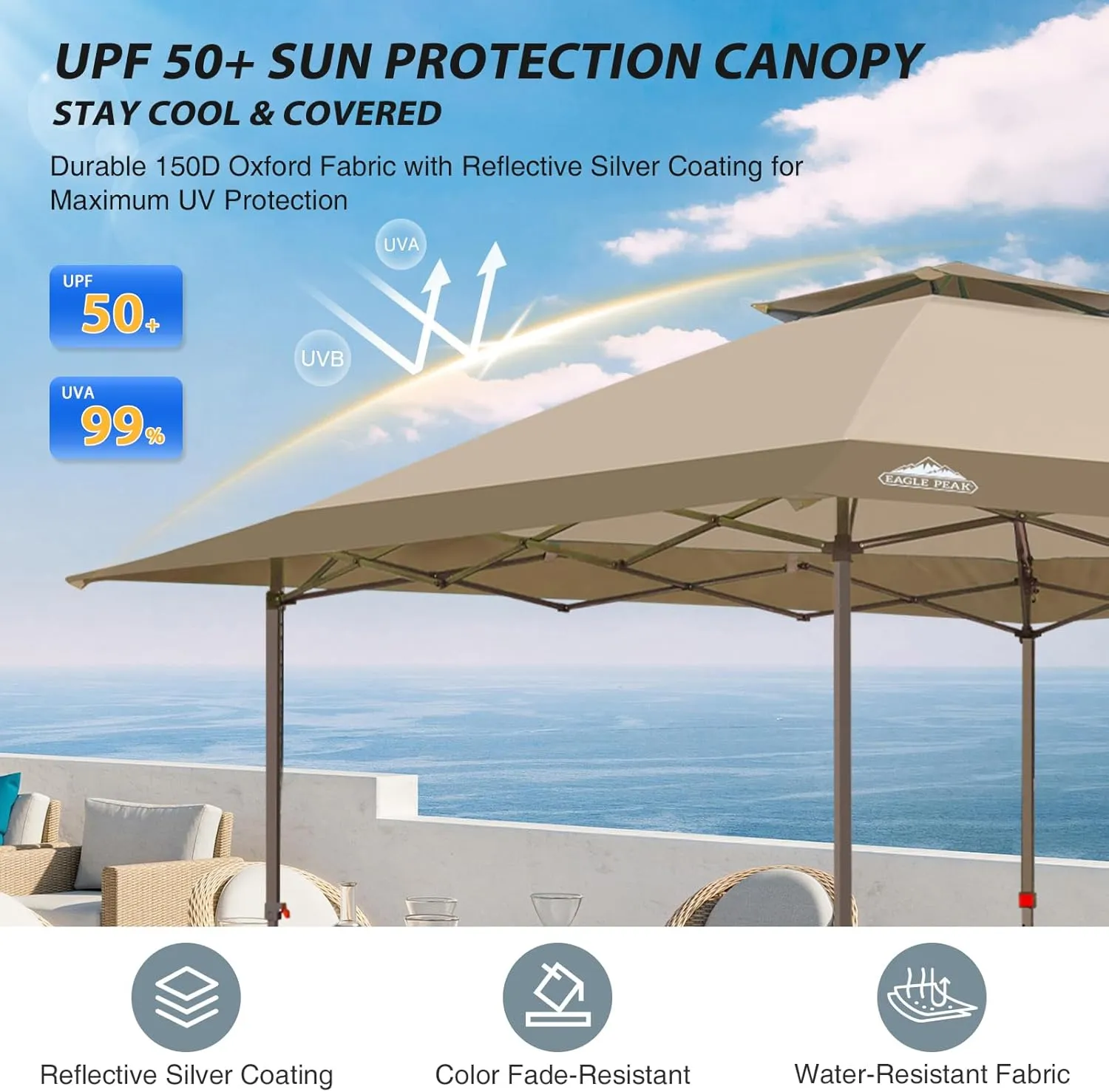 EAGLE PEAK 13x13 Straight Leg Pop Up Canopy Tent Instant Outdoor Canopy Easy Single Person Set up Folding Shelter w/Auto Extending Eaves 169 Square Feet of Shade (Beige)
