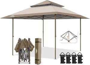 EAGLE PEAK 13x13 Straight Leg Pop Up Canopy Tent Instant Outdoor Canopy Easy Single Person Set up Folding Shelter w/Auto Extending Eaves 169 Square Feet of Shade (Beige)