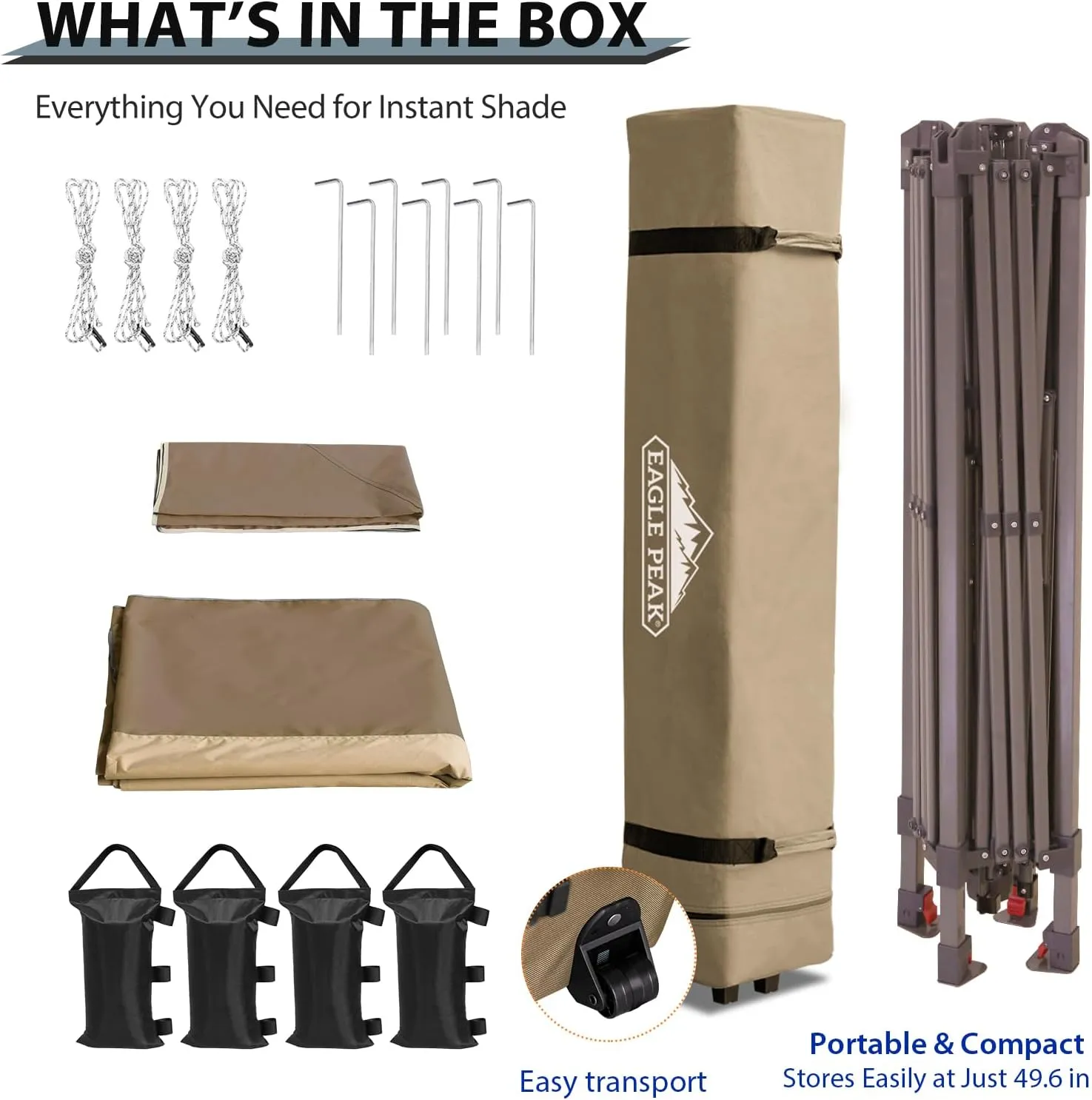 EAGLE PEAK 13x13 Straight Leg Pop Up Canopy Tent Instant Outdoor Canopy Easy Single Person Set up Folding Shelter w/Auto Extending Eaves 169 Square Feet of Shade (Beige)