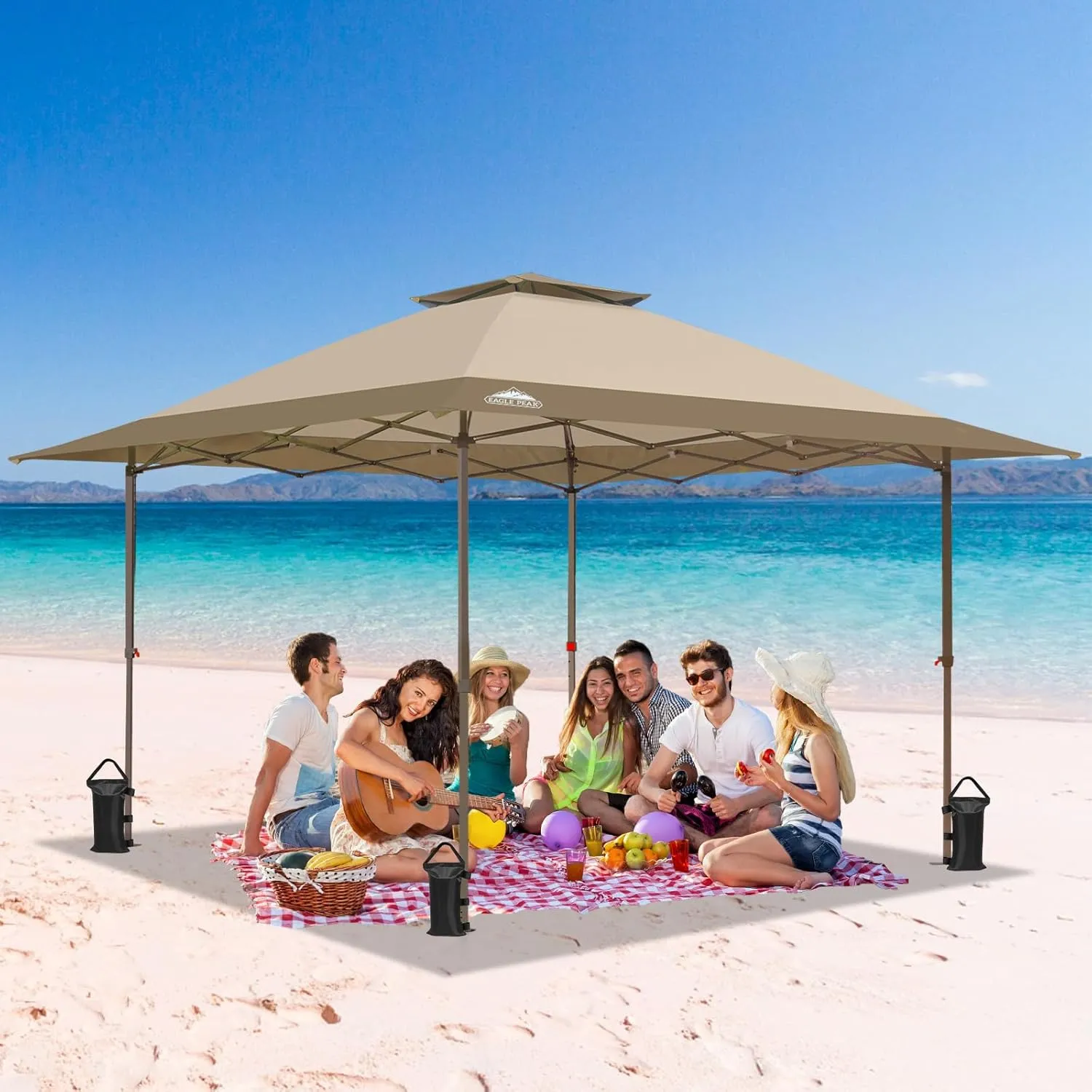 EAGLE PEAK 13x13 Straight Leg Pop Up Canopy Tent Instant Outdoor Canopy Easy Single Person Set up Folding Shelter w/Auto Extending Eaves 169 Square Feet of Shade (Beige)
