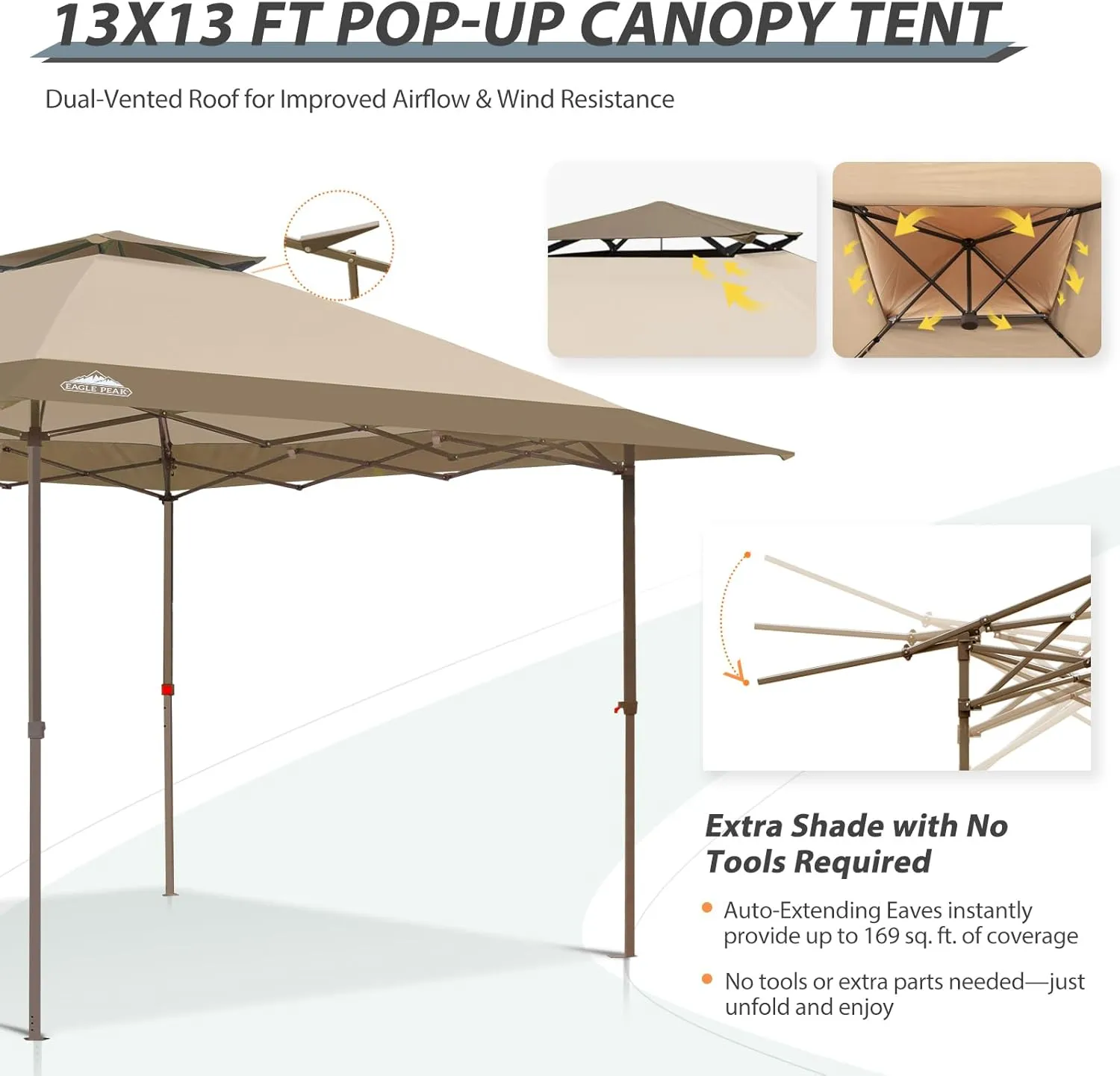 EAGLE PEAK 13x13 Straight Leg Pop Up Canopy Tent Instant Outdoor Canopy Easy Single Person Set up Folding Shelter w/Auto Extending Eaves 169 Square Feet of Shade (Beige)
