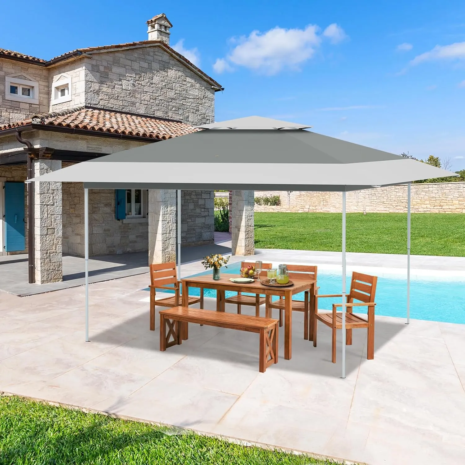 ECOTOUGE 13x13 FT Pop Up Canopy Tent, Patio Party Instant Shelte Gazebo w/Carrying Roller Bag Waterproof and UV Resistant for Outdoor Garden, Grill and Backyard, Grey-White