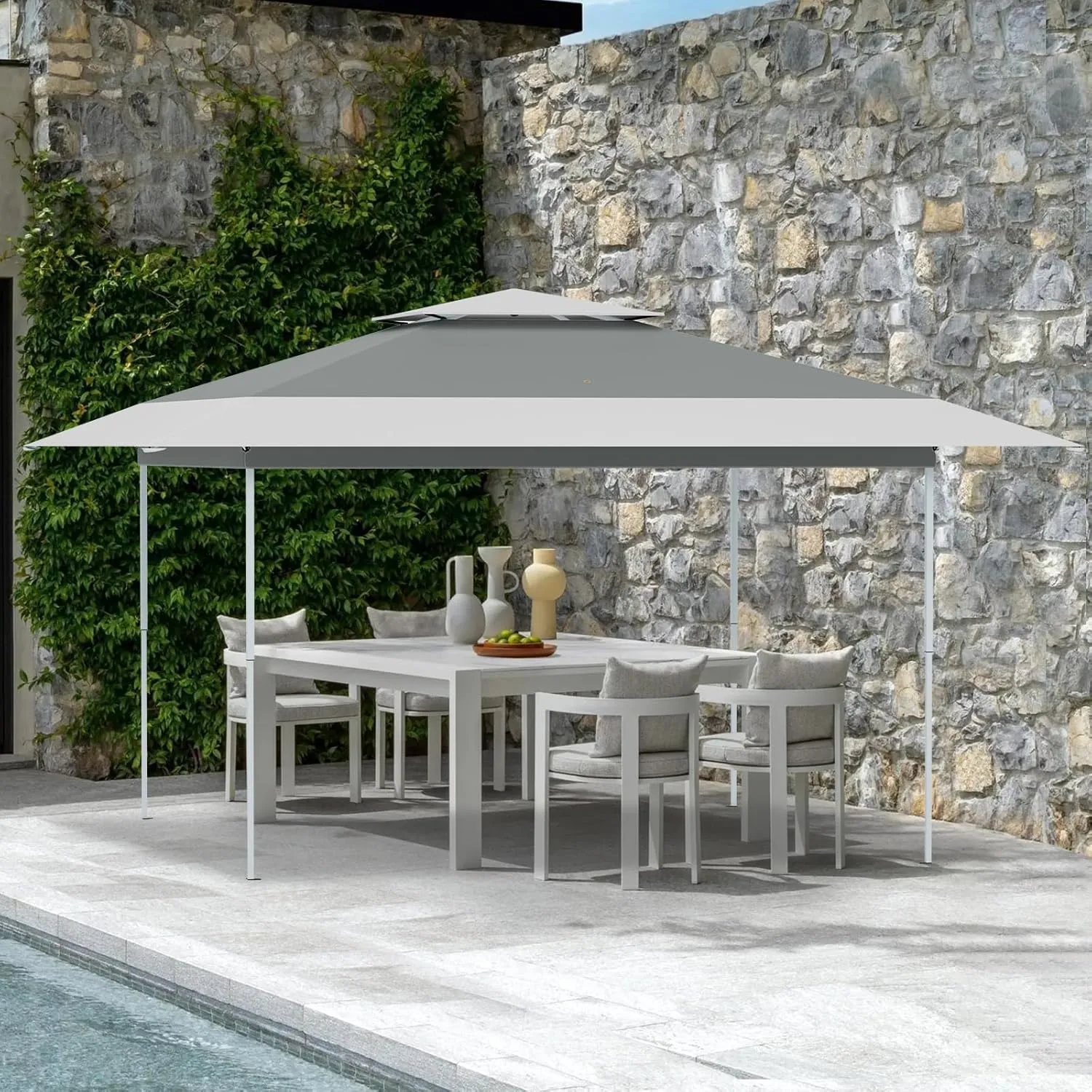 ECOTOUGE 13x13 FT Pop Up Canopy Tent, Patio Party Instant Shelte Gazebo w/Carrying Roller Bag Waterproof and UV Resistant for Outdoor Garden, Grill and Backyard, Grey-White