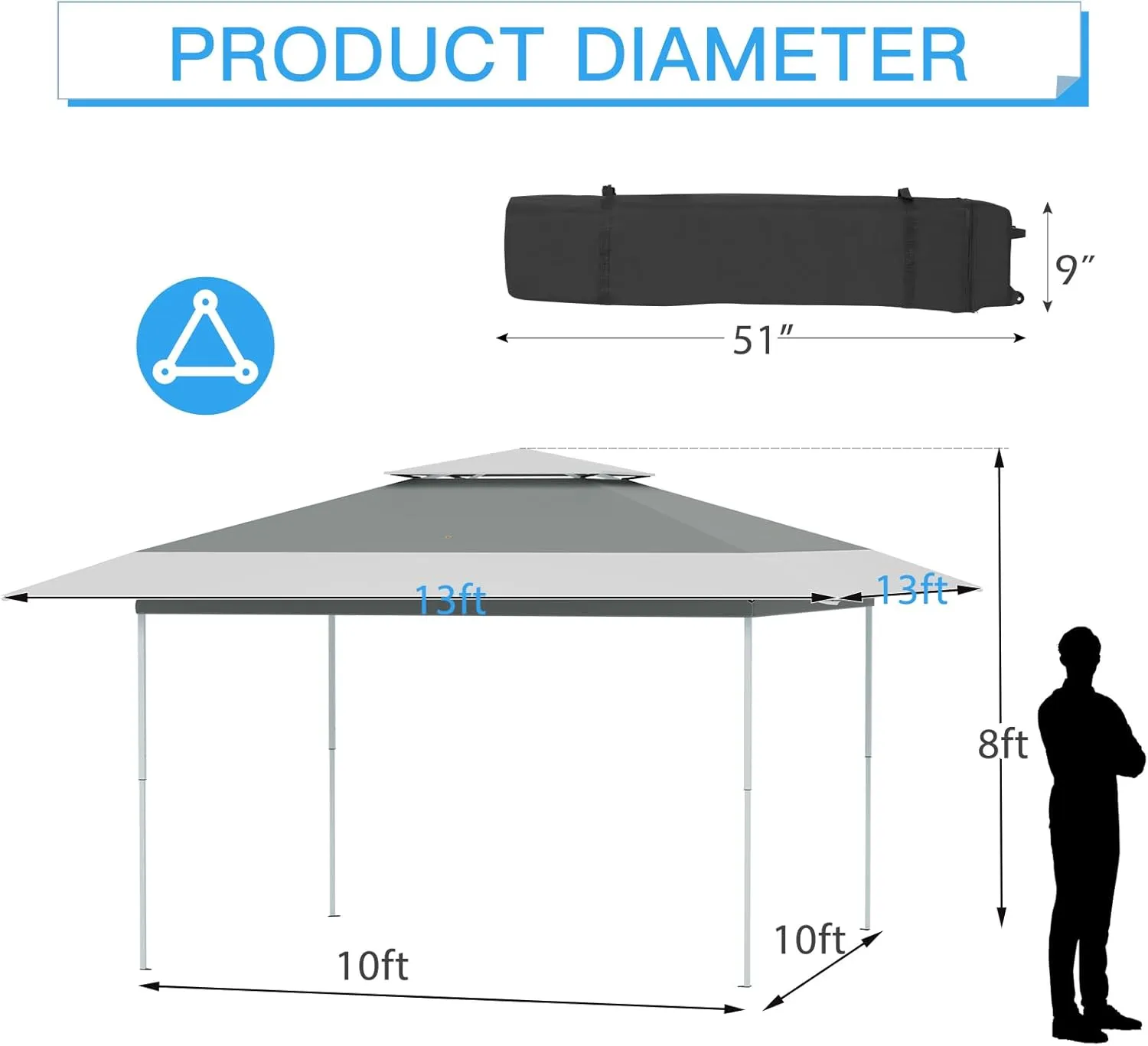 ECOTOUGE 13x13 FT Pop Up Canopy Tent, Patio Party Instant Shelte Gazebo w/Carrying Roller Bag Waterproof and UV Resistant for Outdoor Garden, Grill and Backyard, Grey-White
