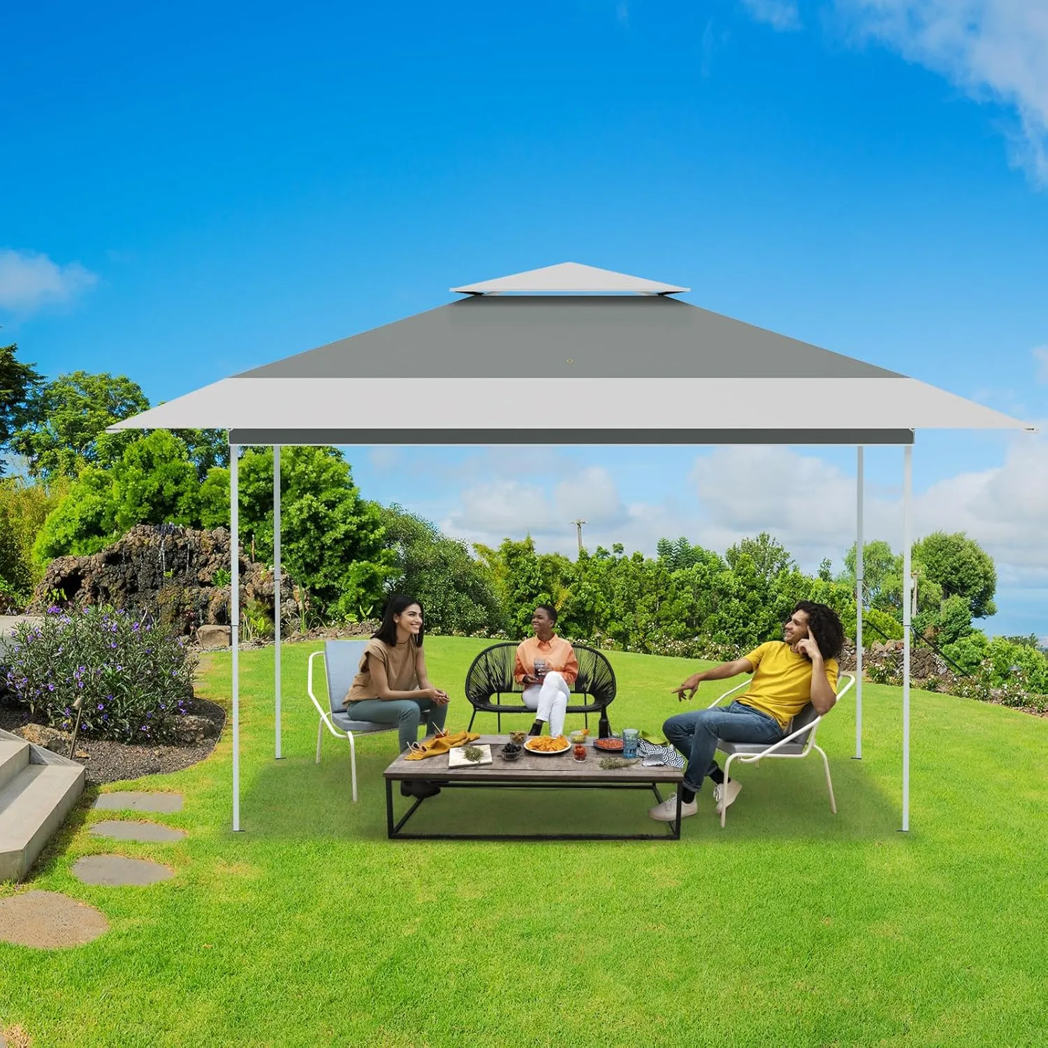 ECOTOUGE 13x13 FT Pop Up Canopy Tent, Patio Party Instant Shelte Gazebo w/Carrying Roller Bag Waterproof and UV Resistant for Outdoor Garden, Grill and Backyard, Grey-White