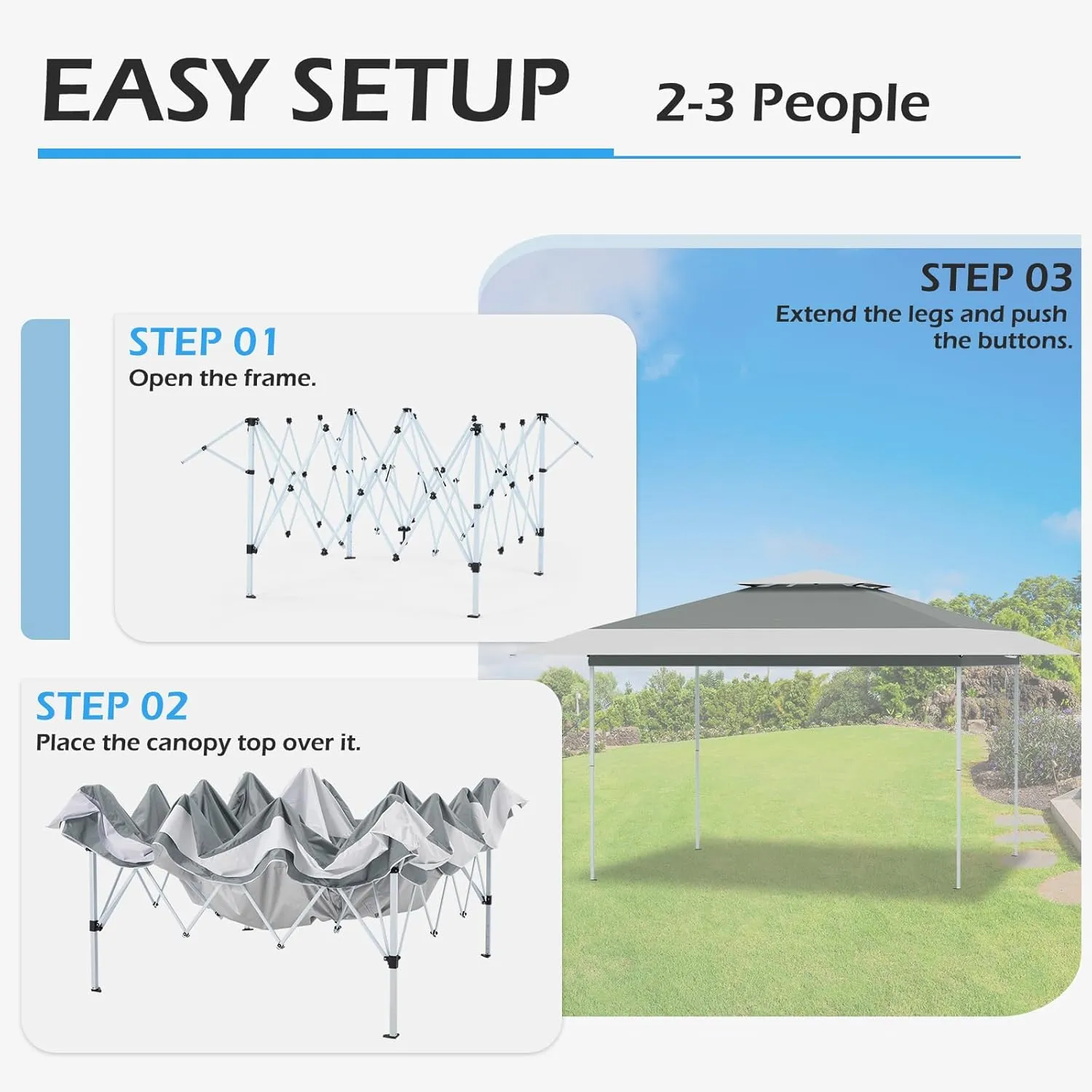 ECOTOUGE 13x13 FT Pop Up Canopy Tent, Patio Party Instant Shelte Gazebo w/Carrying Roller Bag Waterproof and UV Resistant for Outdoor Garden, Grill and Backyard, Grey-White