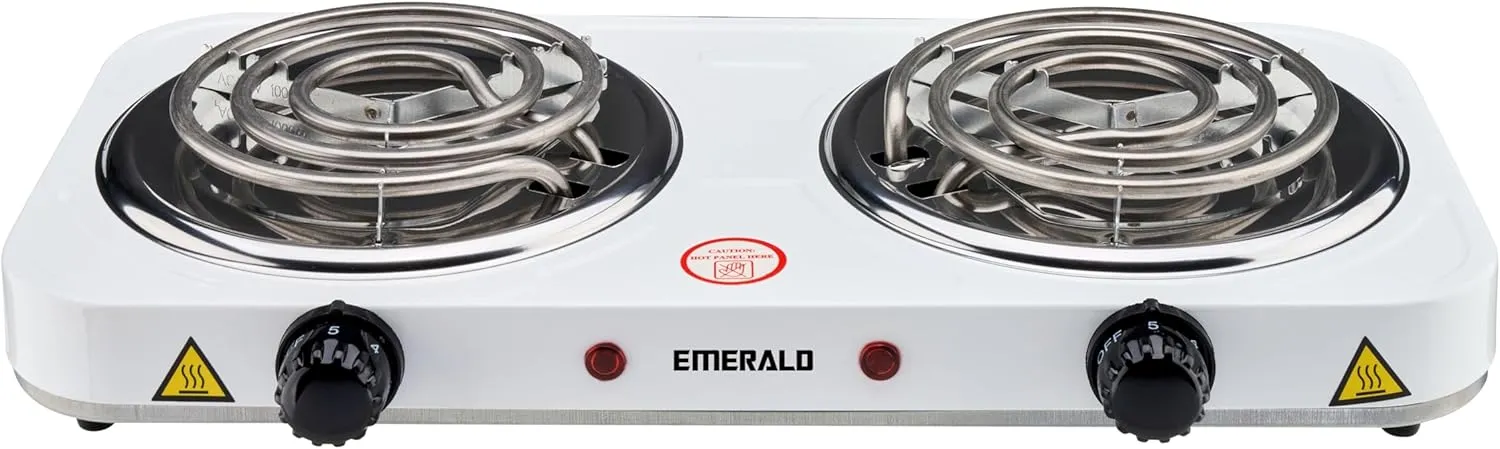 Emerald Double Burner Electric Stove Top – Portable Countertop Cooktop with Adjustable Heat Control, Compact & Lightweight, 1000W, White
