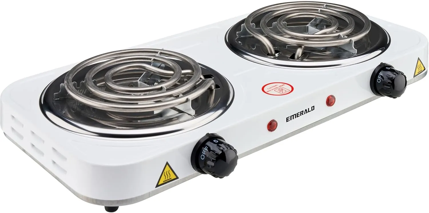 Emerald Double Burner Electric Stove Top – Portable Countertop Cooktop with Adjustable Heat Control, Compact & Lightweight, 1000W, White